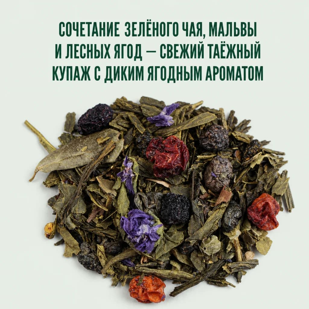 Зелёный травяной чай с ягодами и листьями